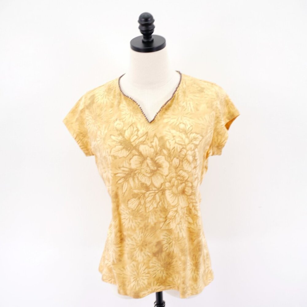 Liz Claiborne Yellow Floral Beaded V-Neck Short Sleeve Blouse Medium Top Cotton